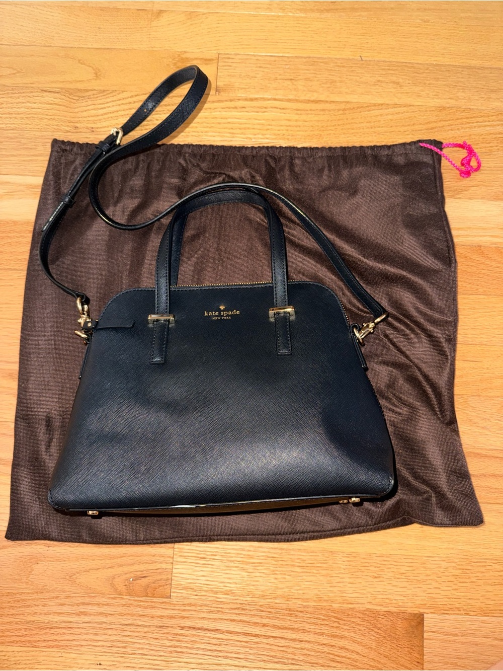 kate spade Black Leather Dome Satchel with Gold Hardware and Strap
